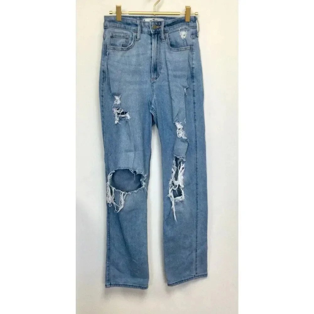 Hollister Womens Blue Distressed Ultra‎ High-Rise Straight Jeans Size W25 L27